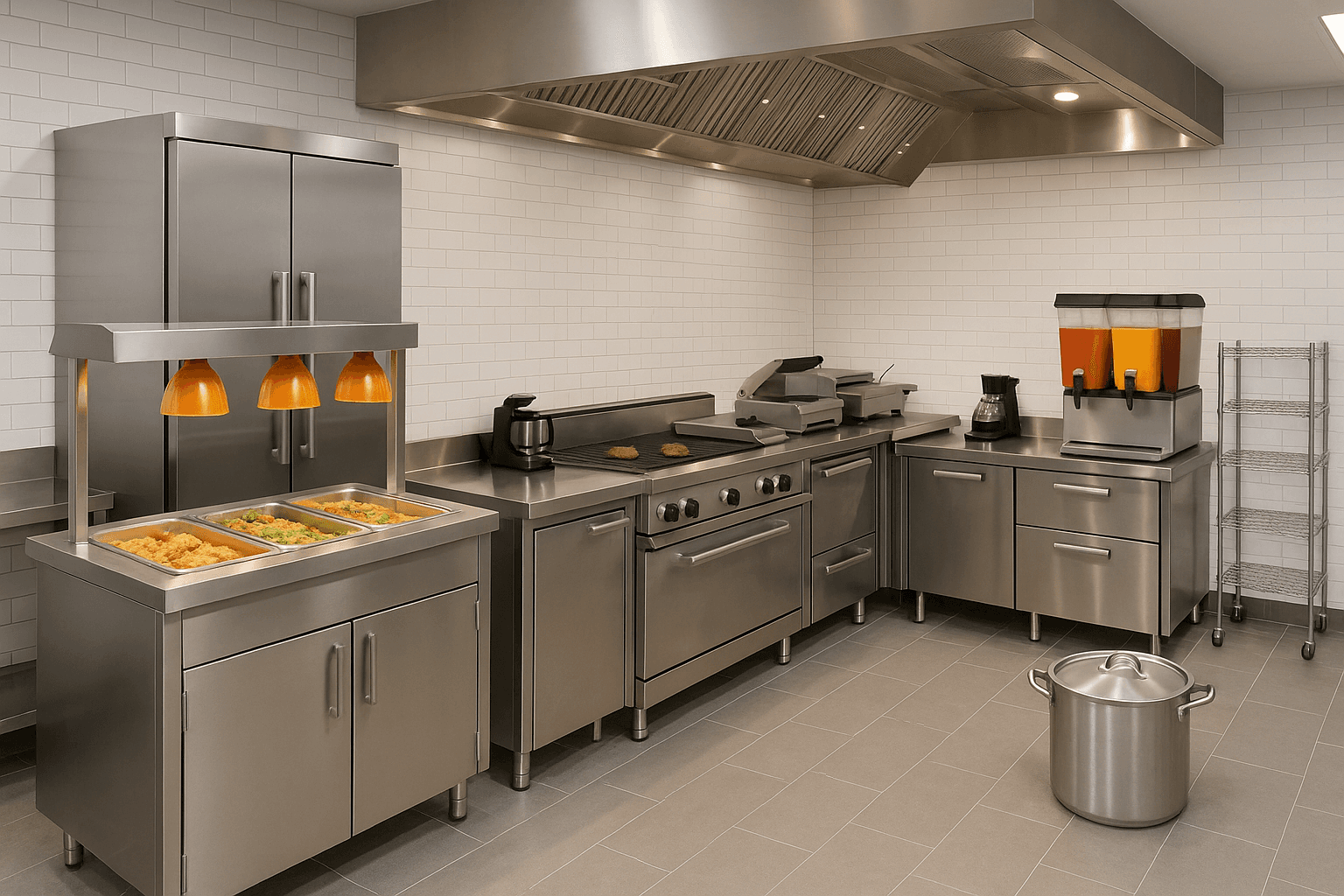 Complete cafeteria equipment setup showing commercial kitchen appliances, serving counters, and dining area equipment for schools, offices, and commercial kitchens